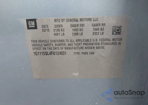 2015 Chevrolet Impala 1Lt from USA, damaged, VIN 1G1115SL4FU124031